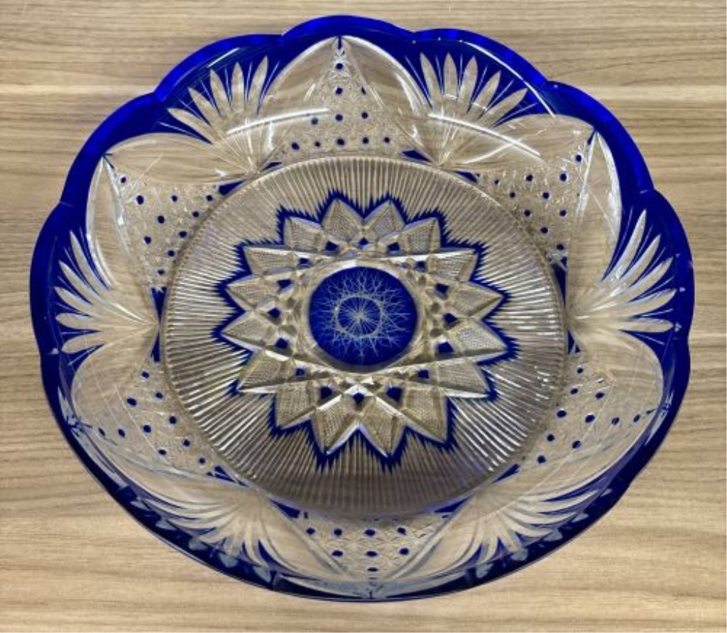 Bohemian Style Cobalt Blue Cased Cut to Clear Crystal Centerpiece Bowl