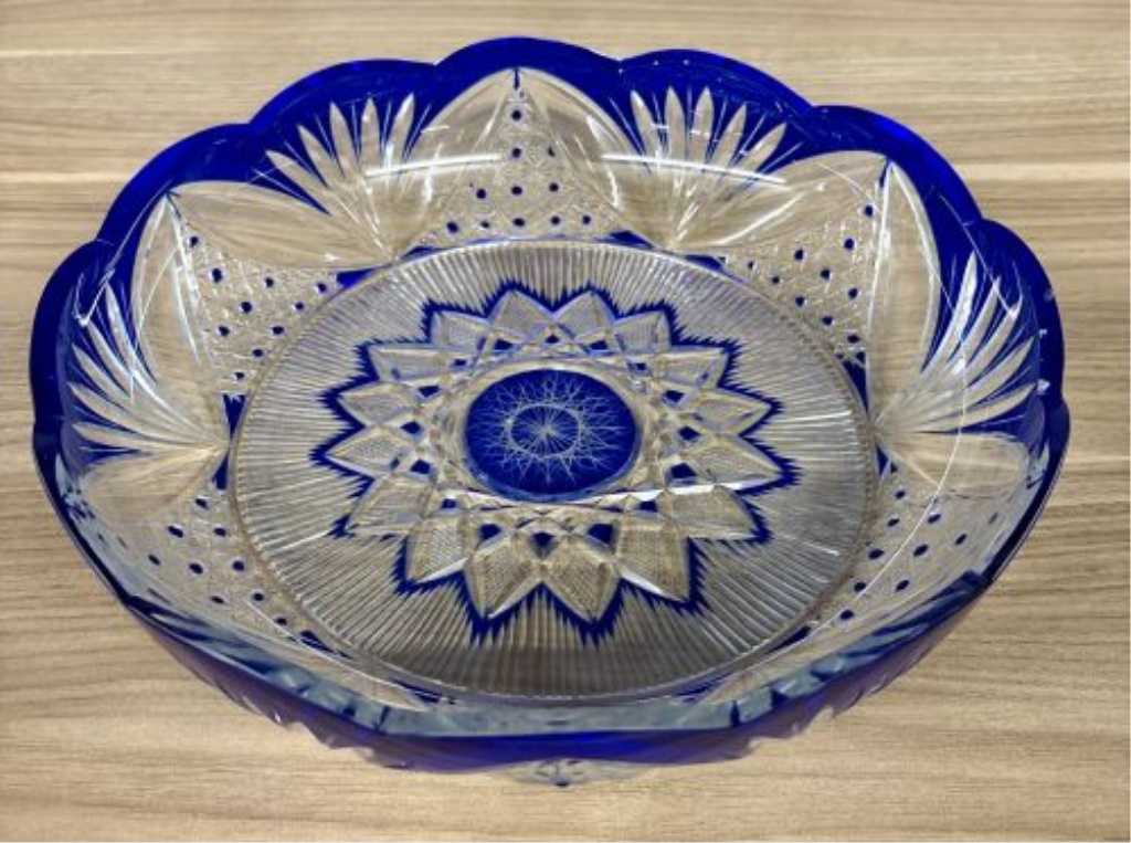 Bohemian Style Cobalt Blue Cased Cut to Clear Crystal Centerpiece Bowl