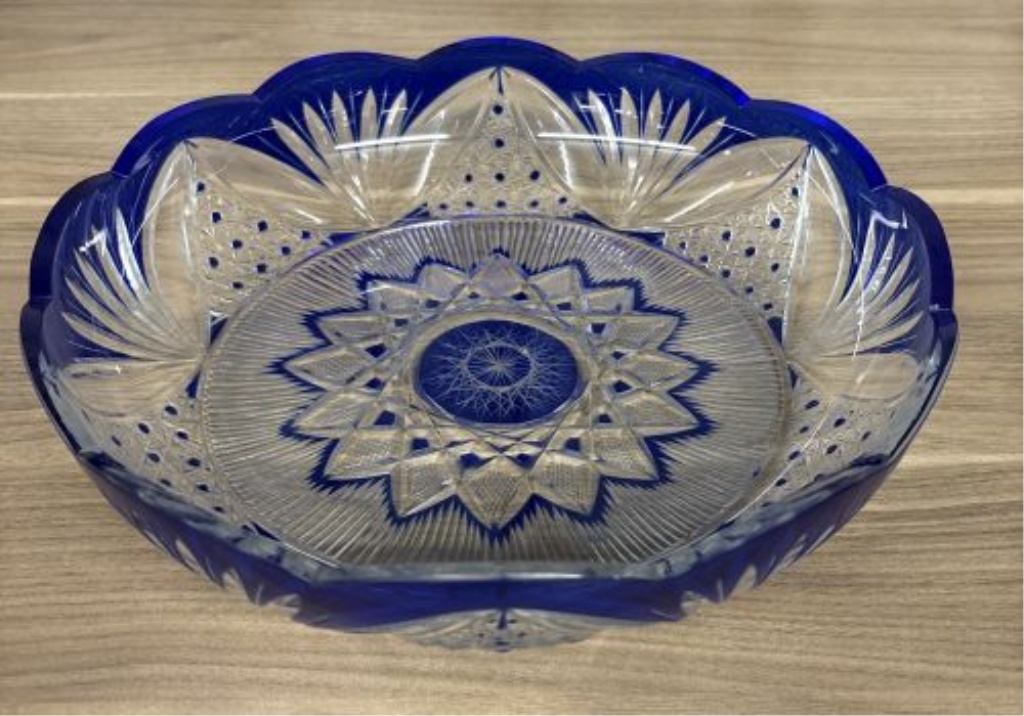 Bohemian Style Cobalt Blue Cased Cut to Clear Crystal Centerpiece Bowl