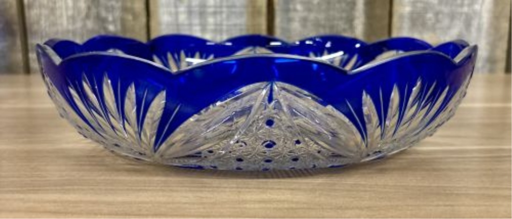 Bohemian Style Cobalt Blue Cased Cut to Clear Crystal Centerpiece Bowl
