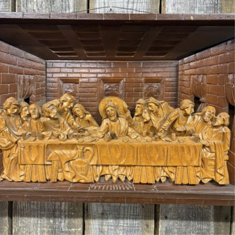 Large Vintage Three Dimensional Relief Carved Wood The Last Supper Wall Plaque