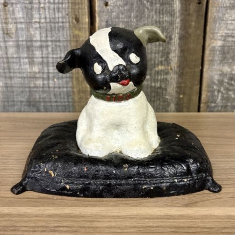 Antique Puppo Dog on Pillow Still Bank or Doorstop