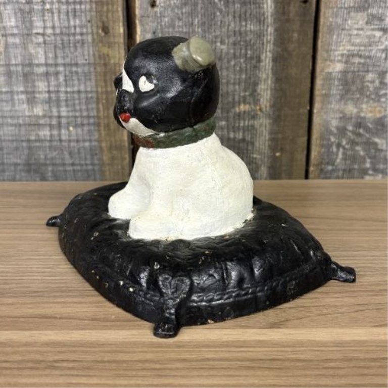 Antique Puppo Dog on Pillow Still Bank or Doorstop