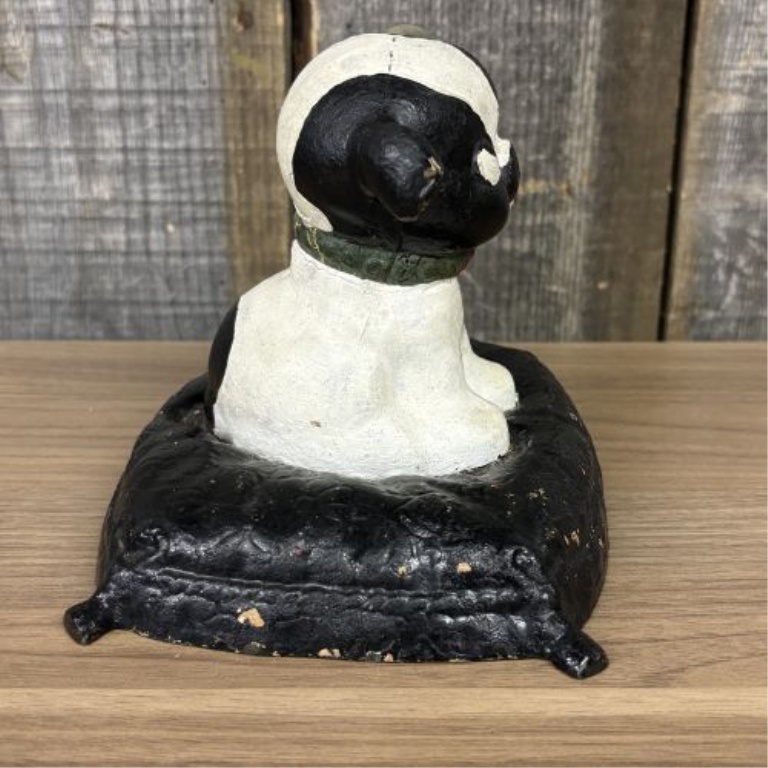 Antique Puppo Dog on Pillow Still Bank or Doorstop