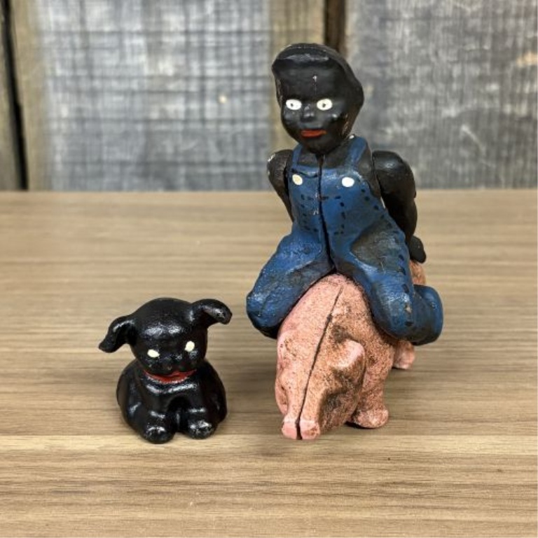Cast Iron Black Americana Boy Riding Pig Still Bank and Dog Figurine