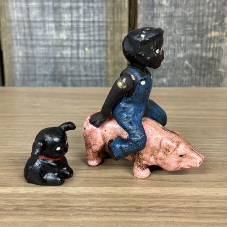 Cast Iron Black Americana Boy Riding Pig Still Bank and Dog Figurine