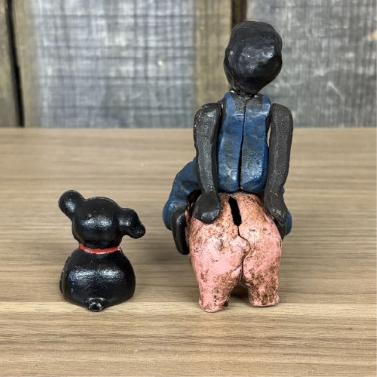 Cast Iron Black Americana Boy Riding Pig Still Bank and Dog Figurine