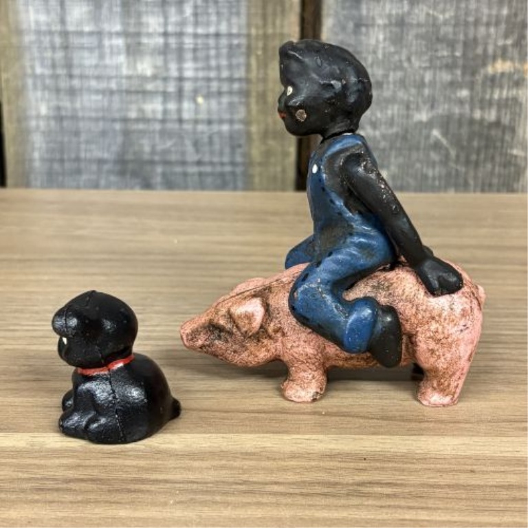 Cast Iron Black Americana Boy Riding Pig Still Bank and Dog Figurine