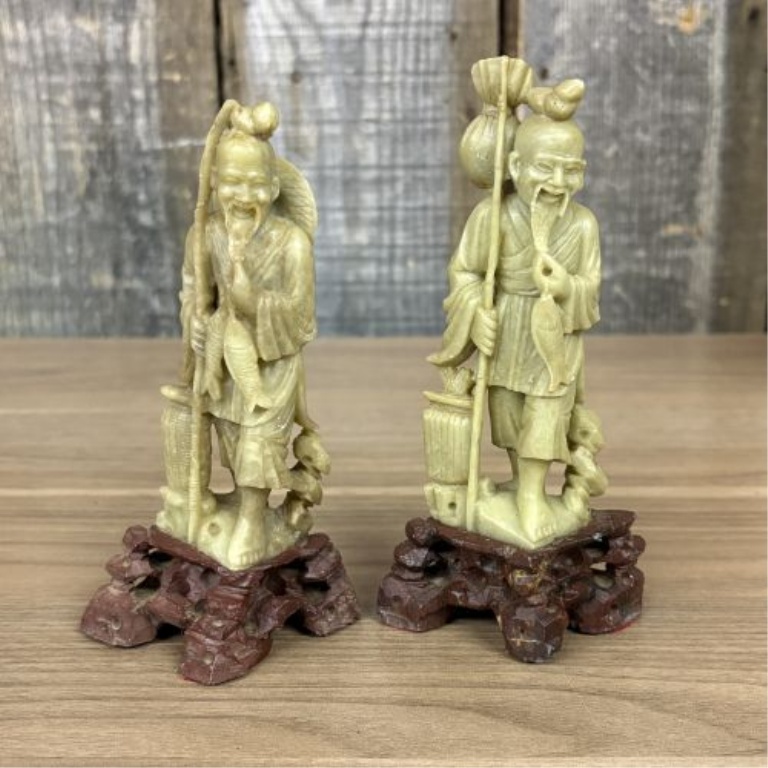 A Pair of Chinese Carved Soapstone Fisherman Figurines on Wooden Bases