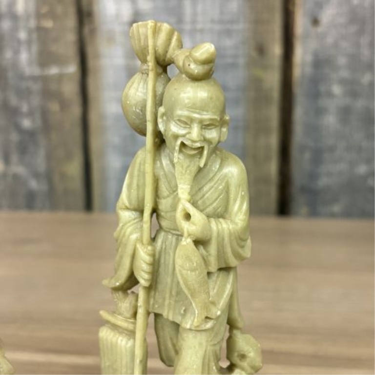A Pair of Chinese Carved Soapstone Fisherman Figurines on Wooden Bases