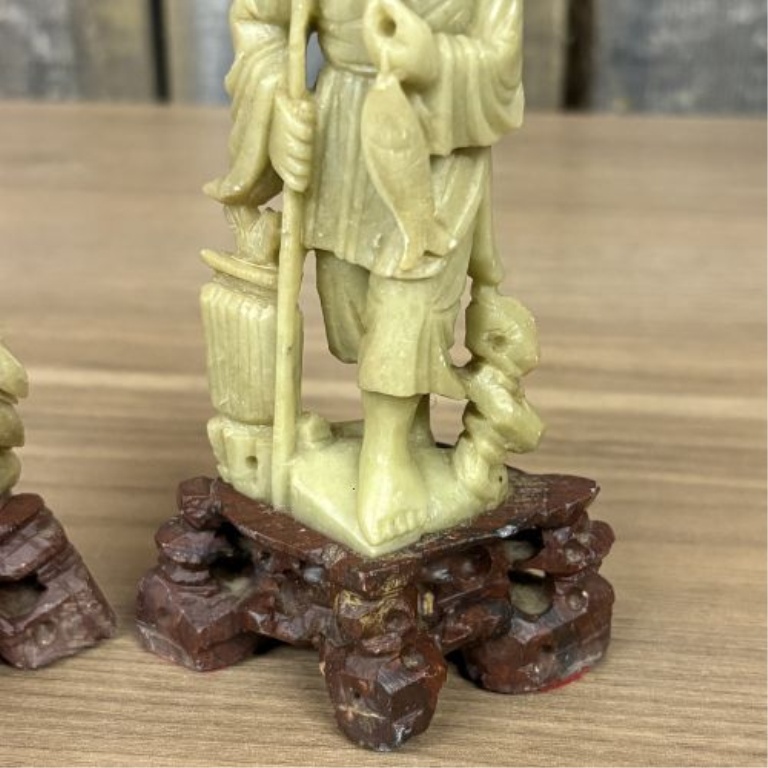 A Pair of Chinese Carved Soapstone Fisherman Figurines on Wooden Bases