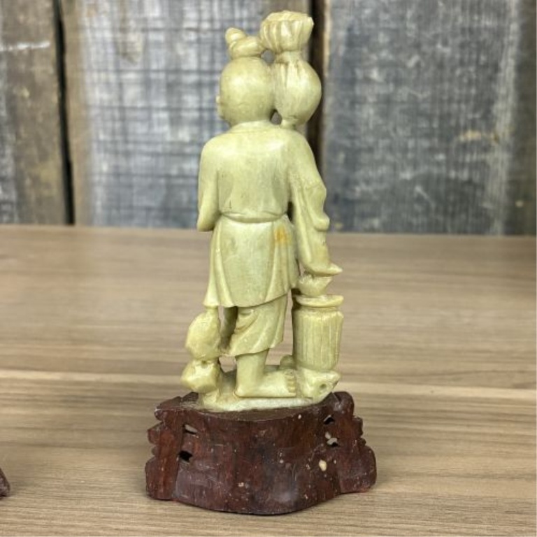 A Pair of Chinese Carved Soapstone Fisherman Figurines on Wooden Bases