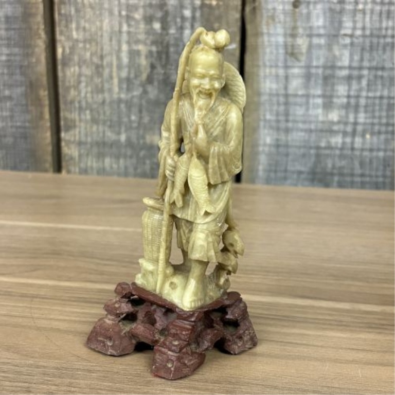 A Pair of Chinese Carved Soapstone Fisherman Figurines on Wooden Bases