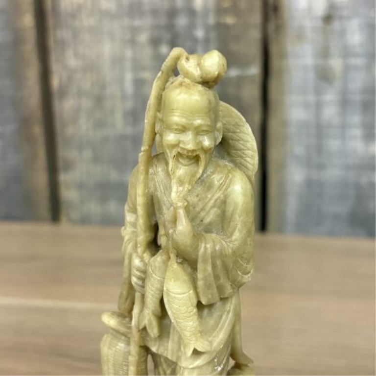 A Pair of Chinese Carved Soapstone Fisherman Figurines on Wooden Bases