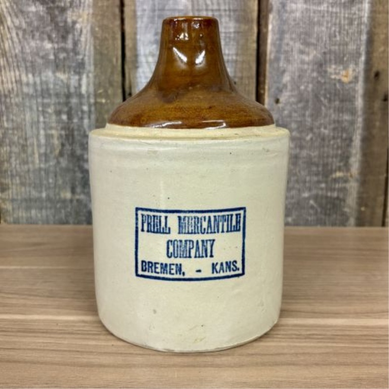 Antique Two-Tone Stoneware Advertising Jug for Prell Mercantile Company Bremen Kansas
