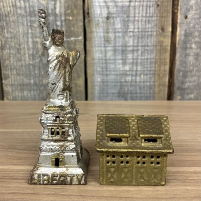 Two Early 20th-Century Statue of Liberty and Architectural House Still Banks