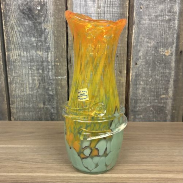 Blue Lagoon BC Hand-Blown Art Glass Vase with Ruffled Rim and Applied Clear Glass Wrap