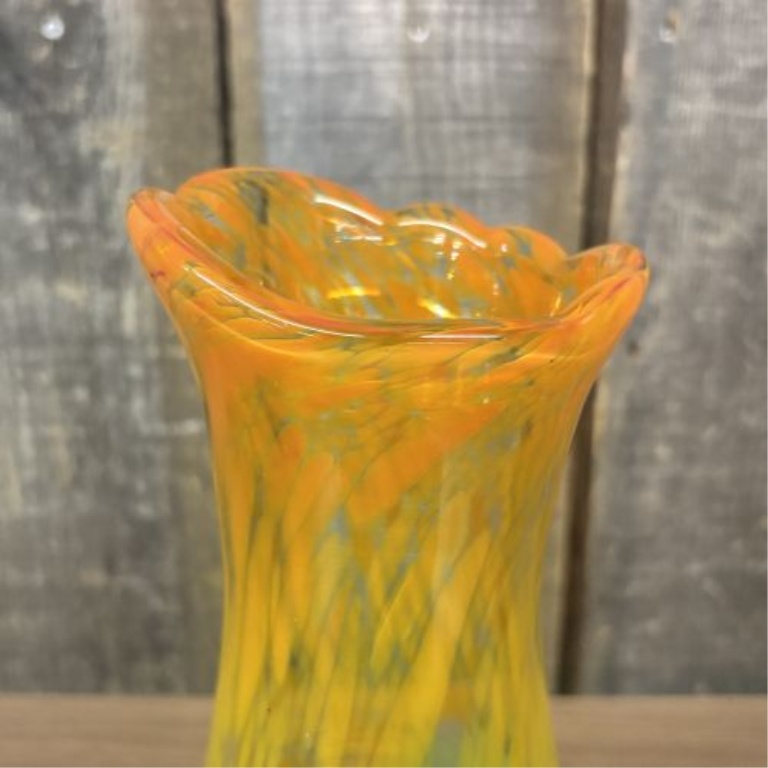 Blue Lagoon BC Hand-Blown Art Glass Vase with Ruffled Rim and Applied Clear Glass Wrap
