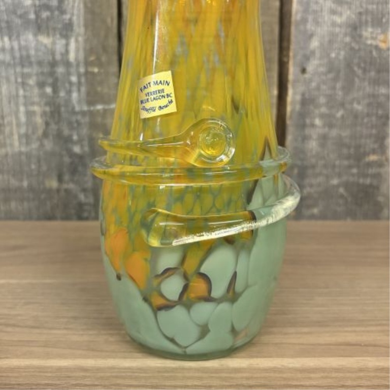 Blue Lagoon BC Hand-Blown Art Glass Vase with Ruffled Rim and Applied Clear Glass Wrap