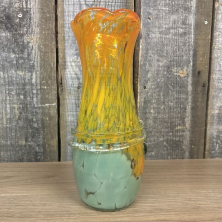 Blue Lagoon BC Hand-Blown Art Glass Vase with Ruffled Rim and Applied Clear Glass Wrap