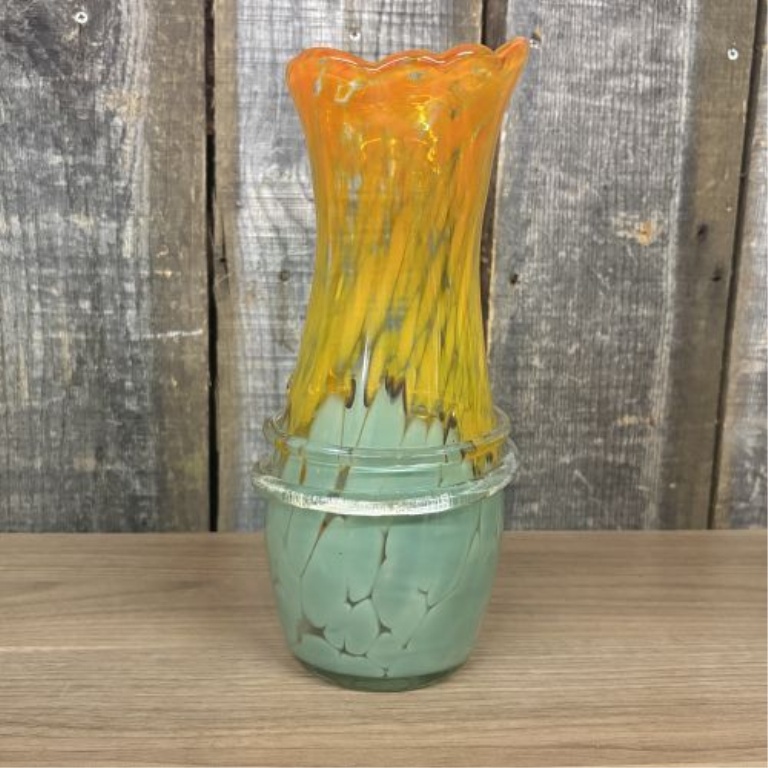 Blue Lagoon BC Hand-Blown Art Glass Vase with Ruffled Rim and Applied Clear Glass Wrap