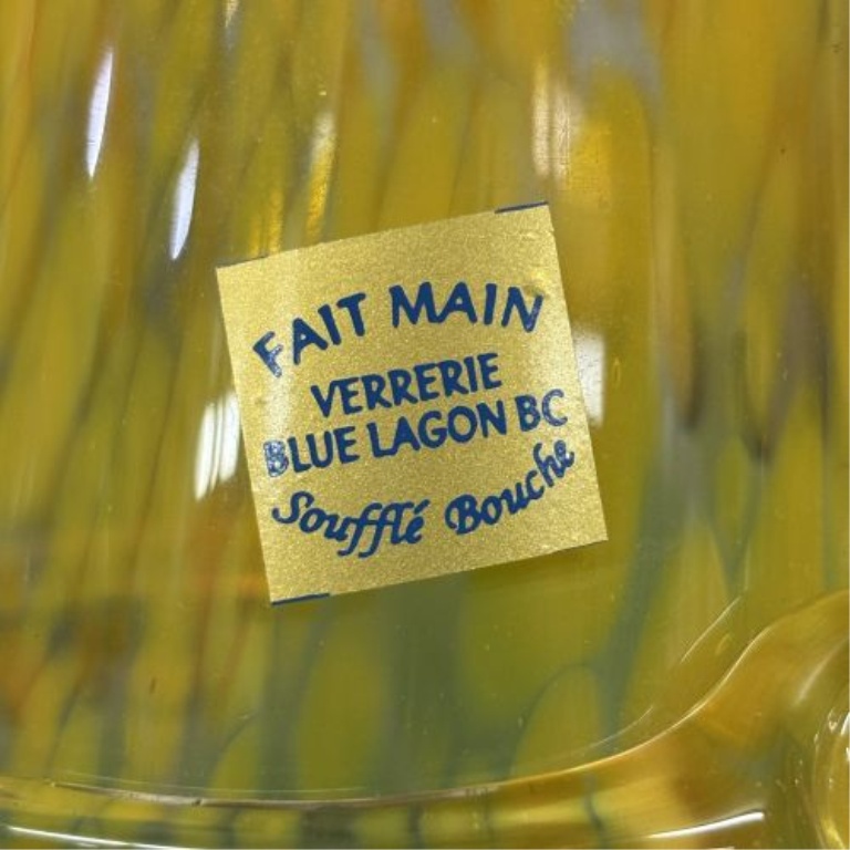 Blue Lagoon BC Hand-Blown Art Glass Vase with Ruffled Rim and Applied Clear Glass Wrap
