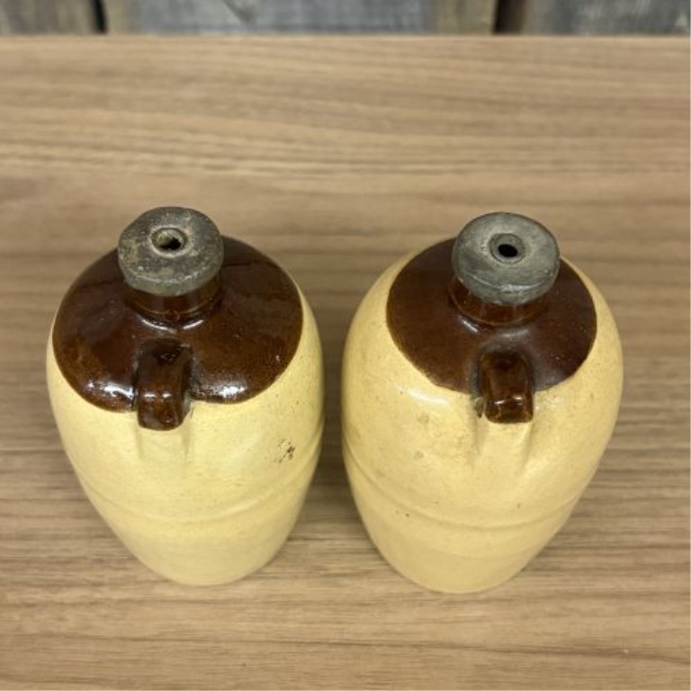 A Pair of Miniature USA Two-Tone Stoneware Whiskey Jug Salt and Pepper Shakers
