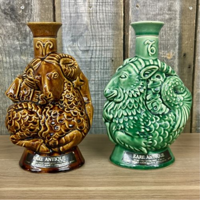 A Pair of Frankfort Distilling Co. Rare Antique Zodiac Series Ceramic Whiskey Decanters