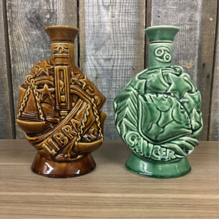 A Pair of Frankfort Distilling Co. Rare Antique Zodiac Series Ceramic Whiskey Decanters