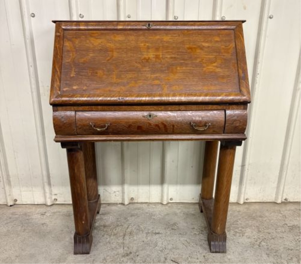 American Arts and Crafts Tiger Oak Slant-Front Secretary Desk on Stand
