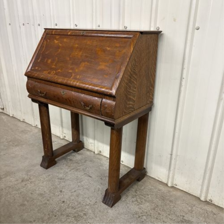 American Arts and Crafts Tiger Oak Slant-Front Secretary Desk on Stand