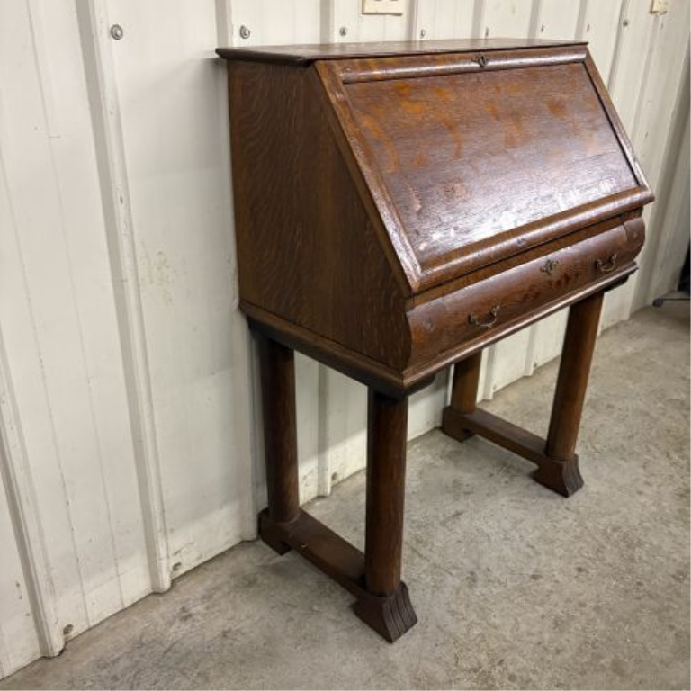 American Arts and Crafts Tiger Oak Slant-Front Secretary Desk on Stand