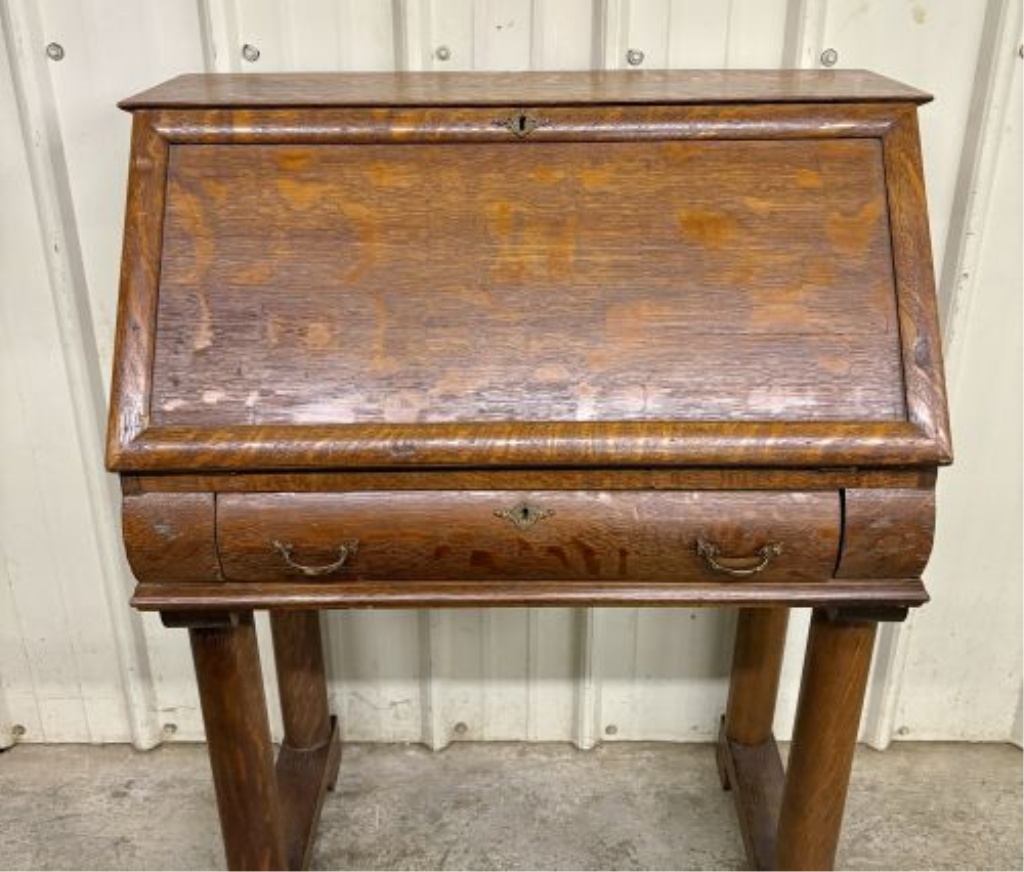 American Arts and Crafts Tiger Oak Slant-Front Secretary Desk on Stand