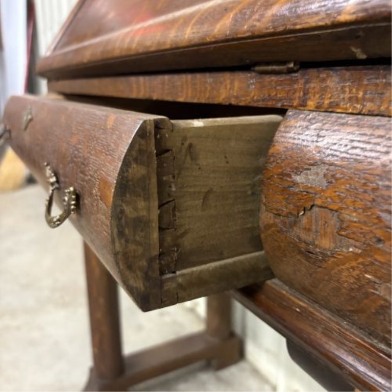 American Arts and Crafts Tiger Oak Slant-Front Secretary Desk on Stand