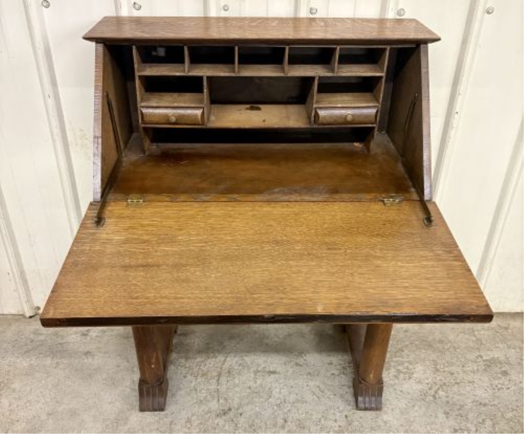 American Arts and Crafts Tiger Oak Slant-Front Secretary Desk on Stand