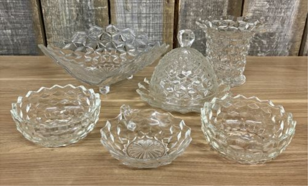 A Collection of Six Crystal Pressed Glass Tableware Items in the Cube Pattern