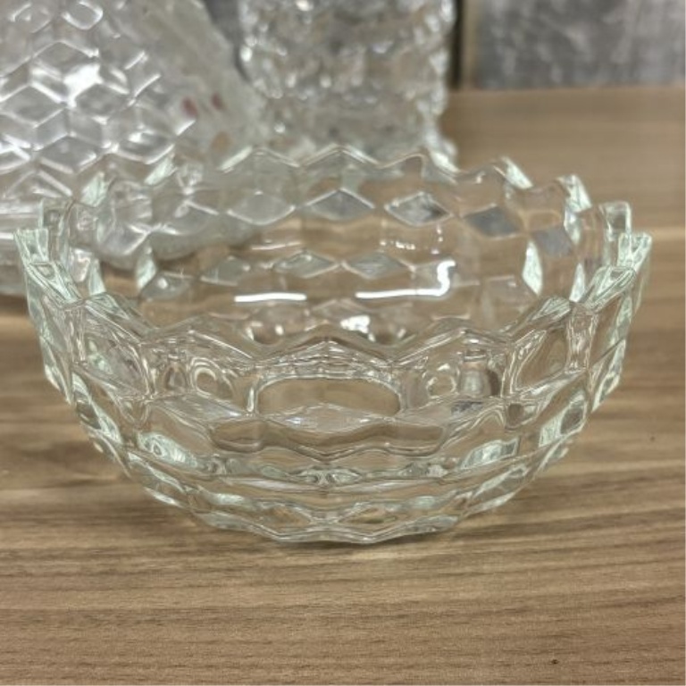 A Collection of Six Crystal Pressed Glass Tableware Items in the Cube Pattern