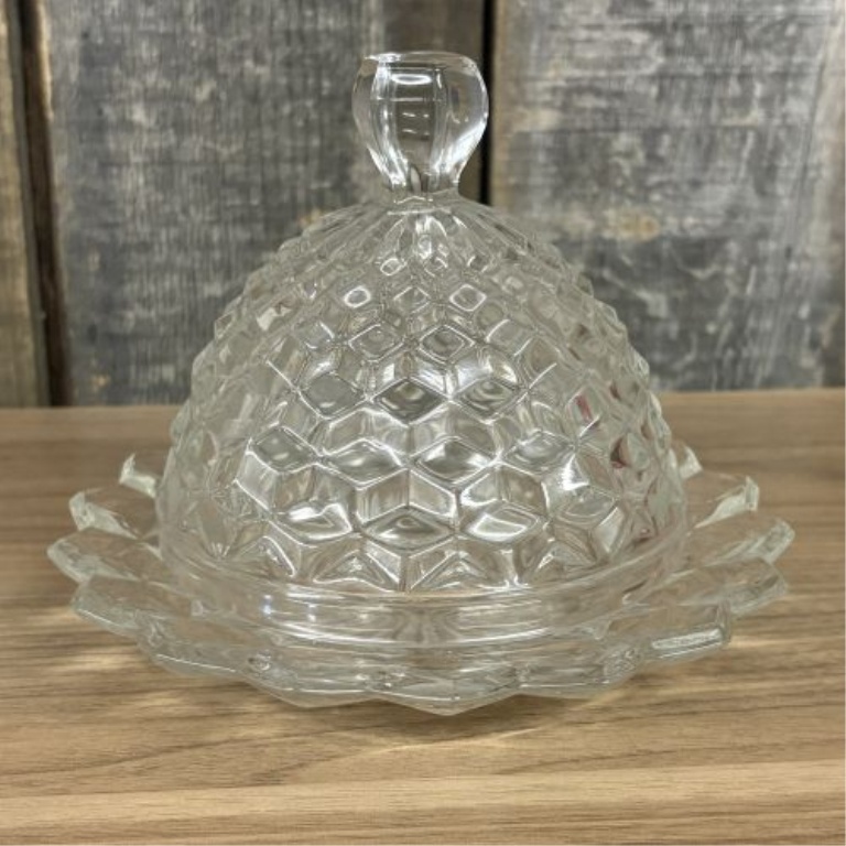 A Collection of Six Crystal Pressed Glass Tableware Items in the Cube Pattern