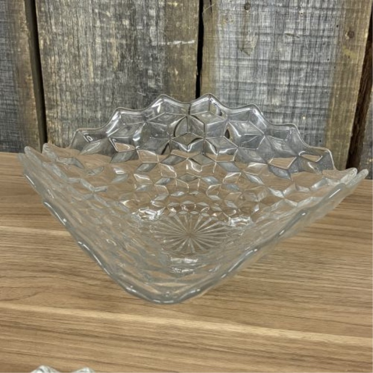 A Collection of Six Crystal Pressed Glass Tableware Items in the Cube Pattern