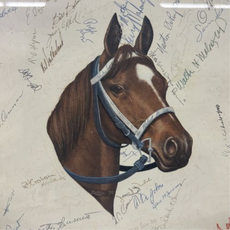 Framed Secretariat Commemorative Triple Crown Print from the L.C. Gosney Collection with Multiple Signatures