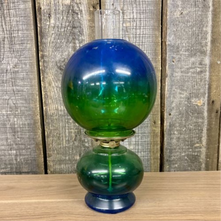 Vintage Risdon Blue and Green Gone with the Wind Style Glass Oil Lamp