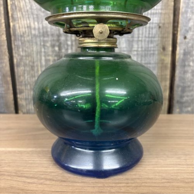 Vintage Risdon Blue and Green Gone with the Wind Style Glass Oil Lamp