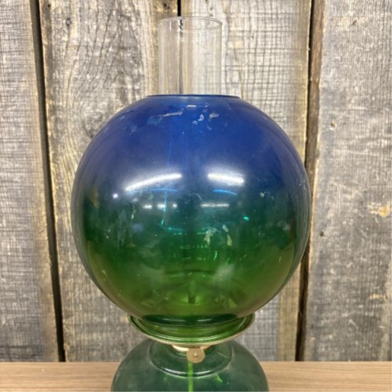 Vintage Risdon Blue and Green Gone with the Wind Style Glass Oil Lamp