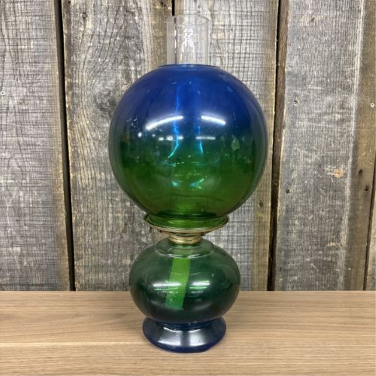 Vintage Risdon Blue and Green Gone with the Wind Style Glass Oil Lamp