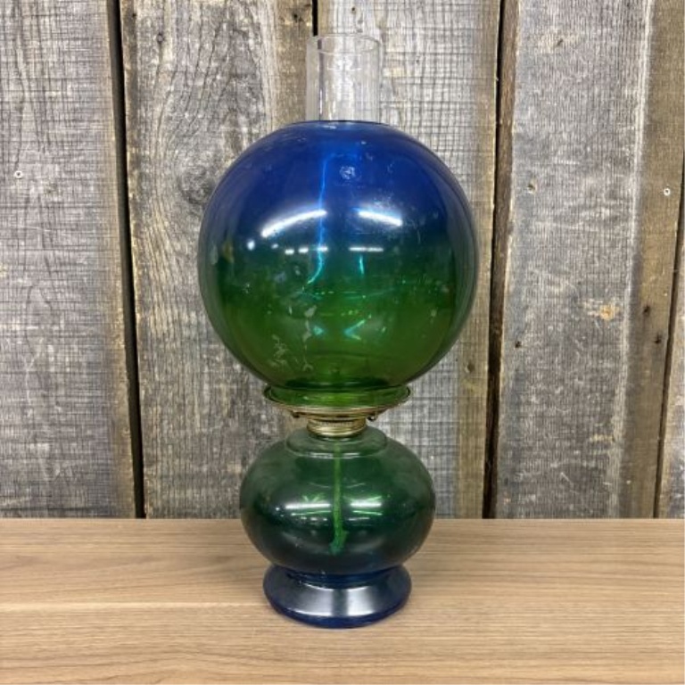 Vintage Risdon Blue and Green Gone with the Wind Style Glass Oil Lamp