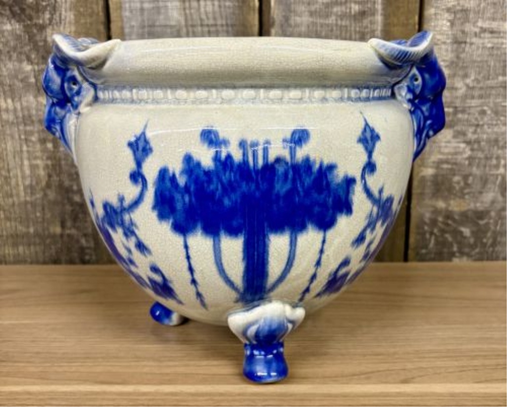 Large Flow Blue Earthenware Tripod Jardiniere with Ram Head Handles