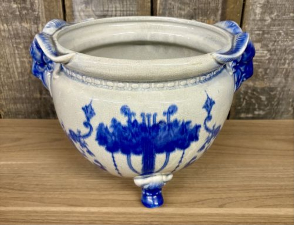 Large Flow Blue Earthenware Tripod Jardiniere with Ram Head Handles