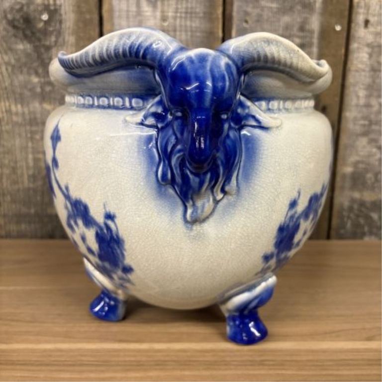 Large Flow Blue Earthenware Tripod Jardiniere with Ram Head Handles