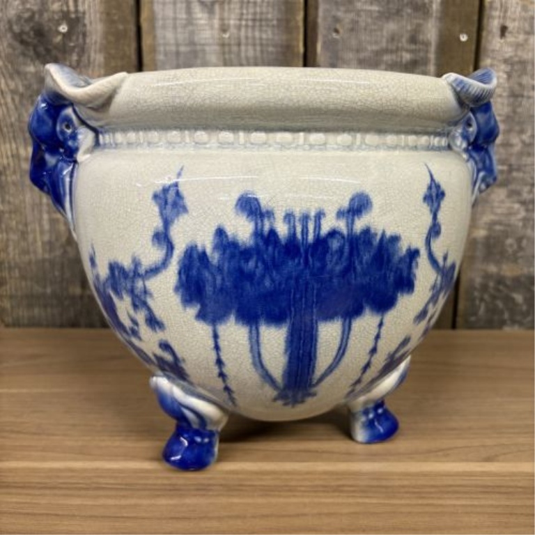 Large Flow Blue Earthenware Tripod Jardiniere with Ram Head Handles