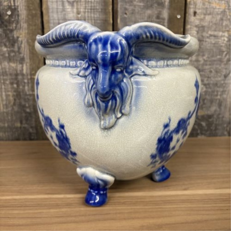 Large Flow Blue Earthenware Tripod Jardiniere with Ram Head Handles
